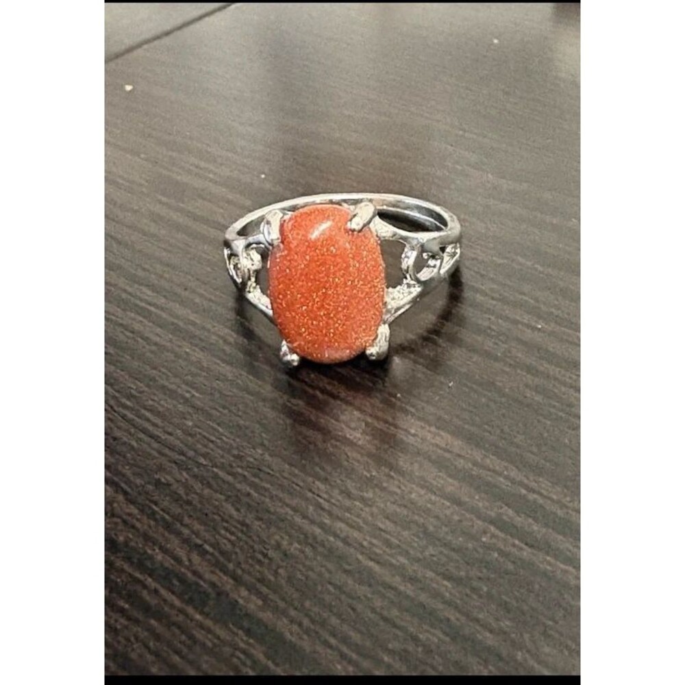 Silver Tone Red Orange Druzy Style Statement Ring Size 9